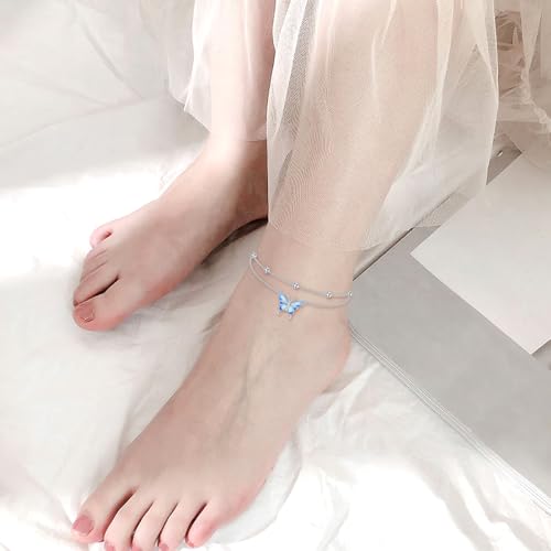 Diamond Butterfly Anklets 925 Sterling Silver Blue Buttefly Double Layer Anklets Bracelet Jewelry Gifts for Women Daughter Friends, 9'' + 2'' - Image 5