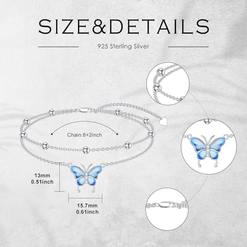 Diamond Butterfly Anklets 925 Sterling Silver Blue Buttefly Double Layer Anklets Bracelet Jewelry Gifts for Women Daughter Friends, 9'' + 2'' - Image 7